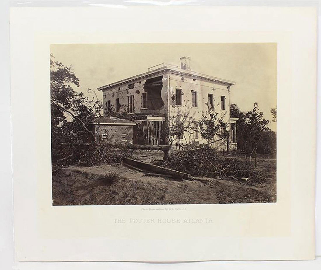 George N. Barnard Original Civil War Albumen Photograph: Very Rare Original Civil War Photograph by George N. Barnard (1819-1902). Entitled: The Potter House Atlanta [New York: 1866]. Albumen photograph from a negative taken in 1866, on original two-tone gi