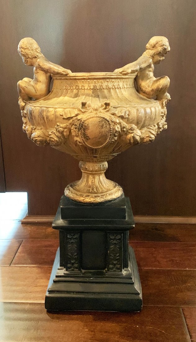 French Ormolu Style Pedestal Bowl Decorated with Putti: French Gilt Bronze Style Pedestal Bowl Decorated with Putti | Faux ormolu gold gilt bronze centerpiece bowl is made from treated plaster | Approx. Size: 22" Tall.