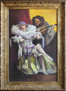 Large Portrait Oil Painting by Richard Geiger: Impressionism Portrait / Figural Oil Painting by popular and well listed Austrian artist Richard Geiger (Austria 1870 - 1945) | Painting entitled Â“Columbine and PierrotÂ” | A fine bright & vibr