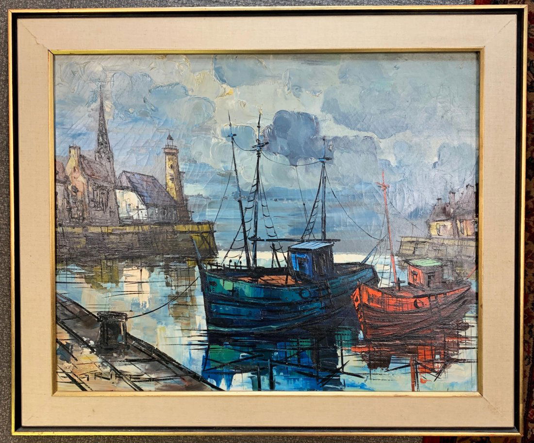 Marine Oil Painting by M Edward Griff A HARBOR SCENE (1 of 2)