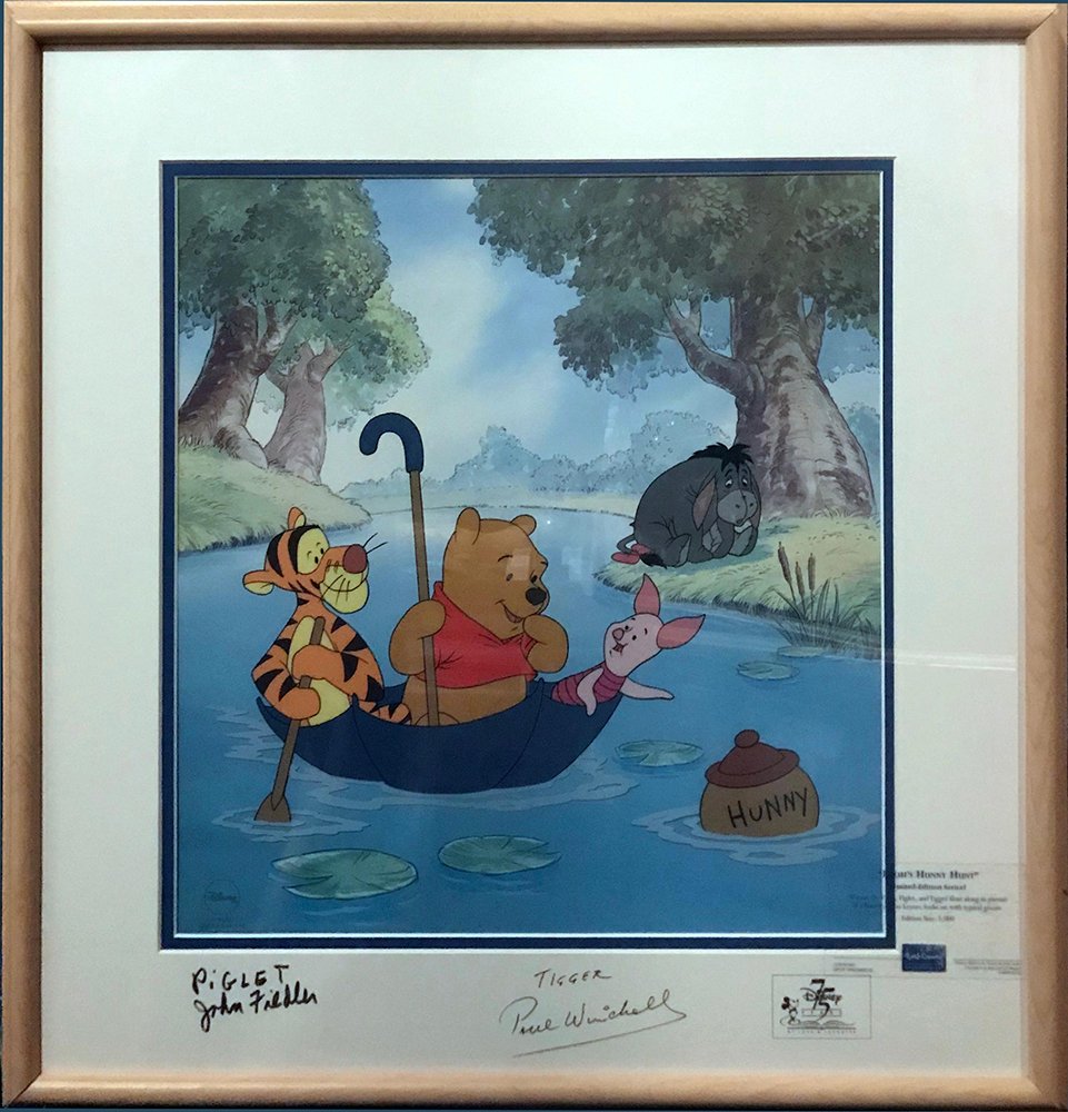 Disney Sericel Print POOHS HONEY HUNT Hand Signed: A Disney Ltd. Ed. Sericel Print POOHS HONEY HUNT Hand Signed by both John Fiedler, the voice of Piglet, and Paul Winchell, the voice of Tiger | Friends Fiedler and Winchell died one day apart in June