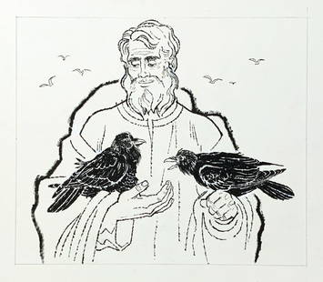 Ralph E. Ricketts Original Pen & Ink Drawing: Original Pen & Ink Drawing / Illustration by Ralph E. Ricketts (1925 - 2014) Entitled "Elijah and the Ravens" | Pen & Ink on Board | Approx. Dimensions: 15" H x 10" W | Ralph Ralph E. Ricketts of