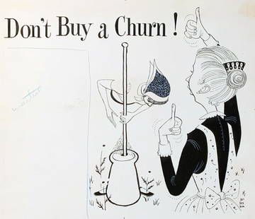 Murray Mckeehan Original Pen & Ink Drawing /: Original Pen & Ink Drawing / Illustration by popular listed artist / illustrator Murray McKeehan (1912 - 2002) Entitled "Don't Buy a Churn" and inscribed with "Do take it, Aunt Winetta urged, some