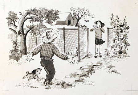 Original Carol Critchfield Pen & Ink Drawing: Original Landscape Drawing / Illustration by esteemed children book illustrator Carol Critchfield (1915 - 2009) Entitled "Melvin . . Chicks" [portion of title indiscernible] and inscribed with "As he