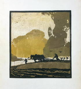 Original Signed Ltd. Ed. Polychrome Woodblock Print: Original Signed Limited Edition Polychrome Woodblock Print | Colored Print on Artist Board | A figural landscape depicting farmers plowing a field | Dated on verso: July 30, 1937 | Hand signed by the