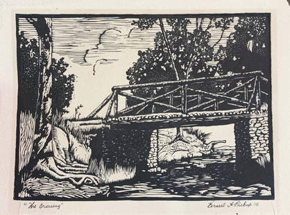 Earnest Pickup Signed Woodcut / Woodblock THE CROSSING: Landscape Woodcut / Woodblock Print by Ernest A. Pickup (Tennessee, 1887-1970) | Entitled THE CROSSING | Titled lower left in pencil "The Crossing"; and signed and dated lower right "Ernest A. Pickup