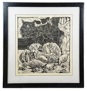 Original One-of-a-Kind Black & White Still Life Woodcut: Original Black & White; White Still Life Woodcut by American artist Joanne Meshew (Kentucky, 20th c.) | Hand signed and numbered (1/1) by the artist in the lower left margin | This one-of-a-kind