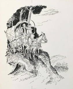 William Moyers Original Pen & Ink Drawing /: Original Pen & Ink Drawing / Illustration by important and well listed artist William Moyers (1916 - 2010) Entitled "Adventure on Big Log Mountain" | Pen & Ink on Board | Dated on verso: October 1955