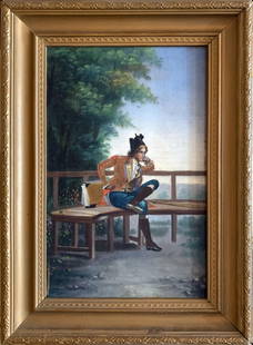 Antique 19th c. Portrait Oil Painting of YOUNG STUDENT: 19th c. French Portrait Oil Painting of a YOUNG STUDENT | Oil on Canvas | Depicts young student / pupil in contemplation sitting outdoors overlooking a mountain | Housed in gold gilt gesso wood frame