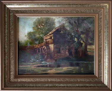 Antique Landscape Oil Painting by M.G. Schmidt: Antique Landscape Oil Painting by M.G. Schmidt | Oil on Canvas Laid on Board | Dated 1916 | Signed and dated in lower left of image "M.G. Schmidt 1916" | Depicting a watermill | Approx. Size: 16.75"