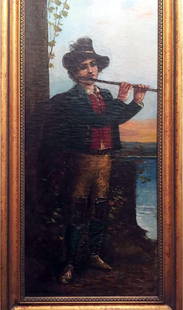 19th C. German Portrait Oil Painting by Jan Kalbeck: 19th Century portrait oil painting by German artist Jan Kalbeck (German, 19th c.) entitled â€œBoy with Flute” | Oil on canvas | Approx. Measures 13.5â€³ x 33.5â€³ | This painting