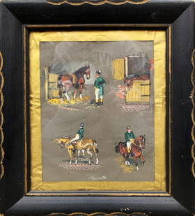 Bernard LaMotte Gouache Equestrian Vignette Painting: Original Gouache Equestrian Vignette Painting / Drawings by important and well-listed artist Bernard LaMotte (New York/France, 1903 - 1983) | Professionally Matted & Framed under Glass, with custom ha