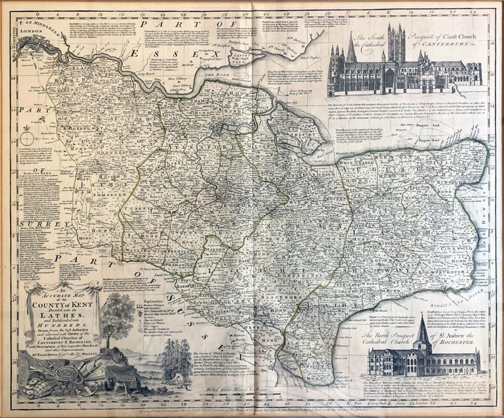 Scarce Antique 1777 Engraved Map by Emanuel Bowen: Scarce Antique 1777 engraved map of The County of Kent by Emanuel Bowen (fl. 1714 - died 1767) | | Hand Colored Engraving of the County of Kent also showing views of Canterbury and Rochester Cathedral