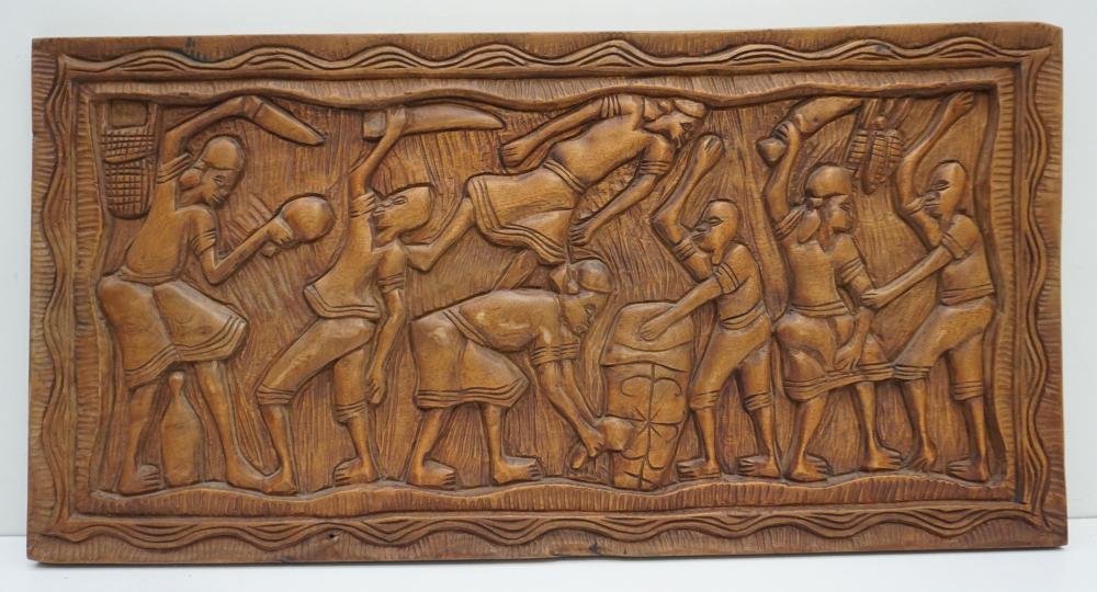 Antique Hand Carved African Tribal Plaque: Antique Hand Carved African Tribal Wall Plaque | Featuring African Ceremonial Dancers in high relief | Approx. Measures 30.35" L x 15.25" H x 1.25" D. PROVENANCE: A Private Charleston SC Estate | Very
