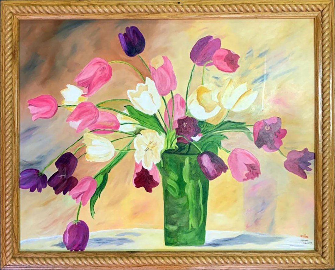 Floral Still Life O/C by A Fleming TULIPS IN GREEN VASE (1 of 1)