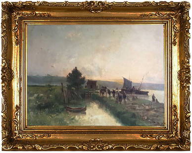 19th c French Landscape Oil Painting by Gaston Anglade: Antique French Landscape Oil Painting by popular well listed French Landscape artist Gaston Anglade (French 1854-1919) Entitled BRINGING IN THE CATCH | Oil on Canvas | Hand signed and dated by the