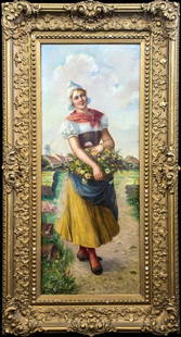 Antique Dutch Portrait Oil Painting by Raoul Kranard: Antique Original Genre Portrait Oil Painting by Raoul Kranard Entitled "Dutch Girl" | Oil on Canvas | Signed by the artist in the lower left of canvas | Beautiful full length portrait of a Dutch girl