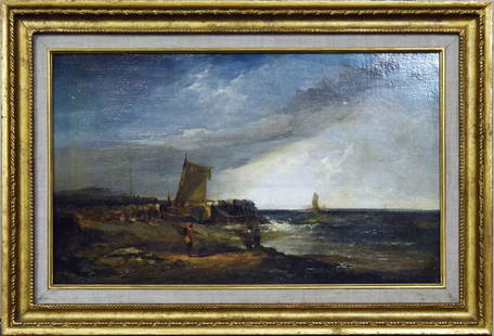 19th c. English Marine Coastline Oil Painting: Romantic Period British Marine Coastline Oil Painting | Oil on Relined Canvas | Appears to be signed with initials in lower left but difficult to discern | Circa 1815 | Depicts English Coast with