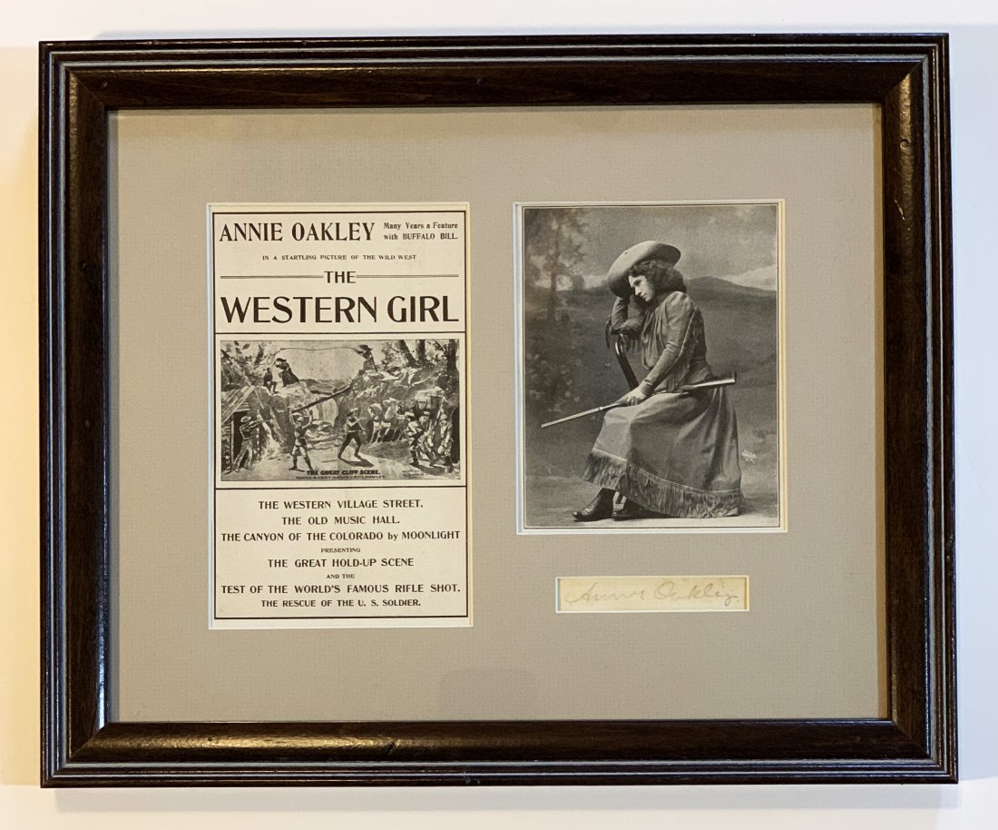 ANNIE OAKLEY Original Signature / Autograph & Playbill: Original Autograph / Signature of the famed American sharpshooter and exhibition shooter ANNIE OAKLEY (1860Â–1926) | Hand Signed in pencil "Annie Oakley"| Also displayed is a rare advertisement of 