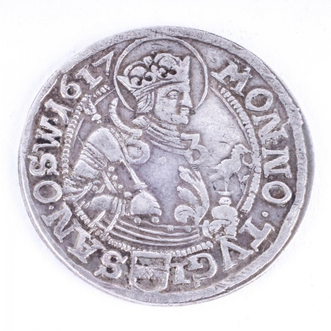 Rare 1617 Swiss Zug Dicken Silver Coin [Canton]: A Rare 1617 Switzerland Cantons (Zug) silver 1 Dicken, or “City Dicken” coin | The obverse has an armored saint facing right, with “MONE NOVA TVGI SANC OSW 1617” | The reverse shows a double-h