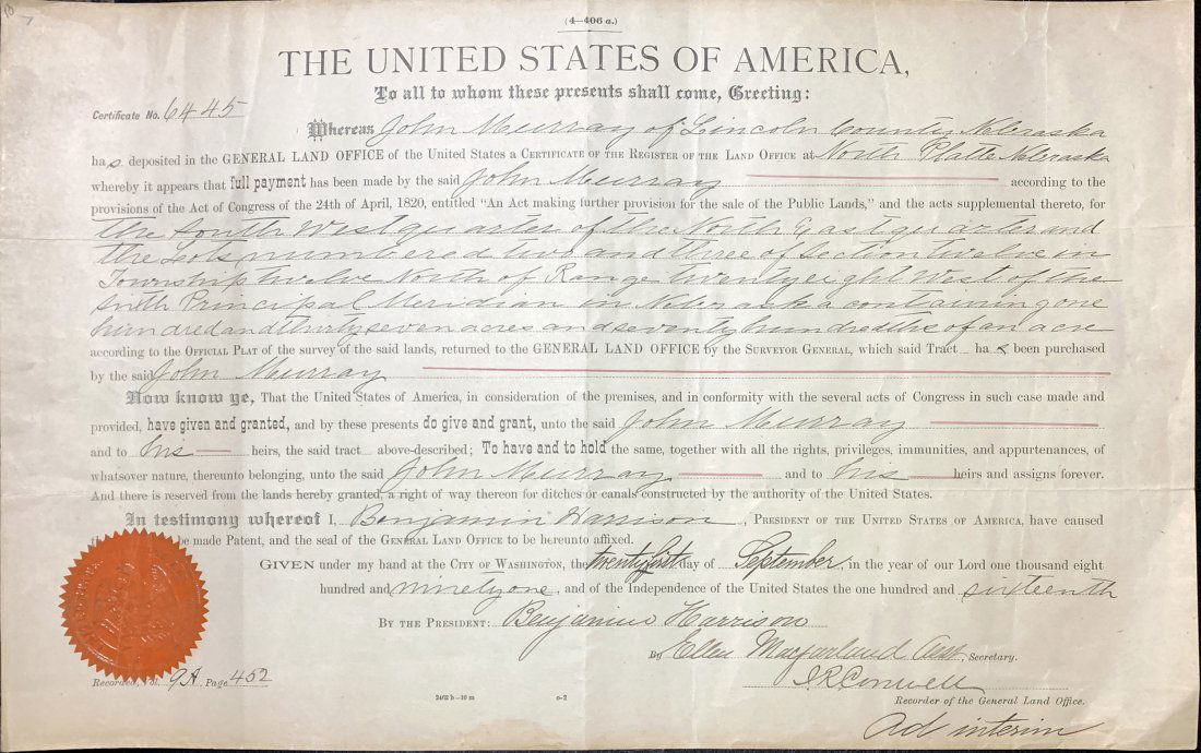 BENJAMIN HARRISON Signed Land Grant, 1891 (1 of 6)