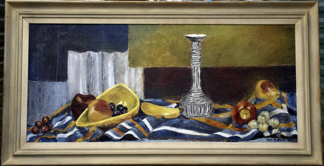 Mid Century Modern Signed Oil Painting Still Life-Fruit: Mid century modern oil painting still life-fruit, signed LL Ruth M. Houtz