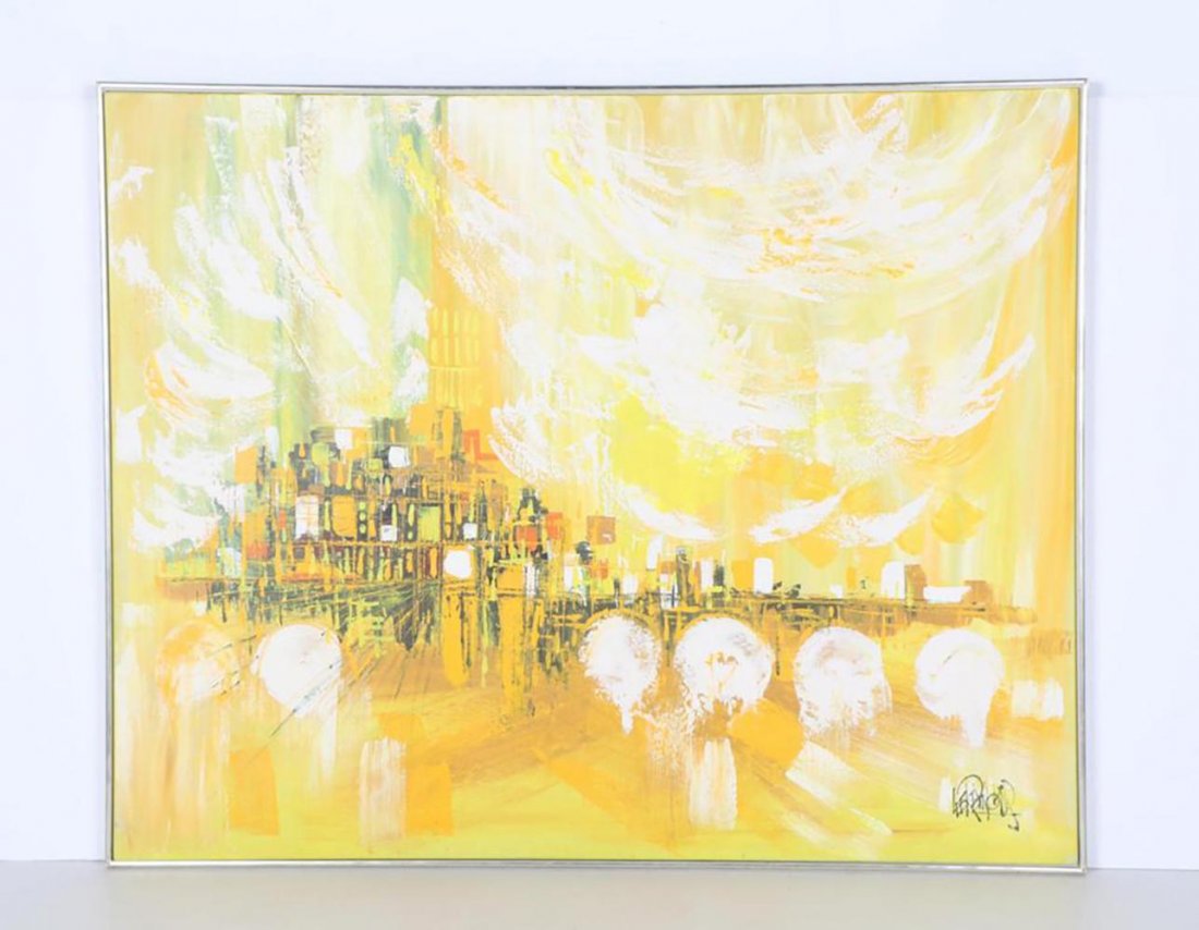 Large Lee Reynolds Oil Painting of Abstract Cityscape: An oil painting of an abstract cityscape by Lee Reynolds. This painting on canvas depicts a textured city against a canary yellow background accented with wisps of white painting. An artist signature