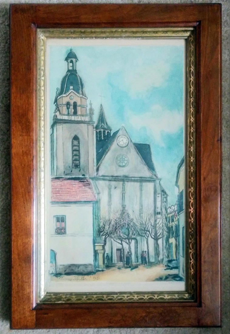 Maurice Utrillo L: Antique French Engraving by Jaques de Villon (1875-1963) after Maurice Utrillo (1883-1955) Entitled L'EGLISE DE LIMOURS | Signed in plate "Utrillo 1922" | Inscribed in lower center margin "Chalcograph