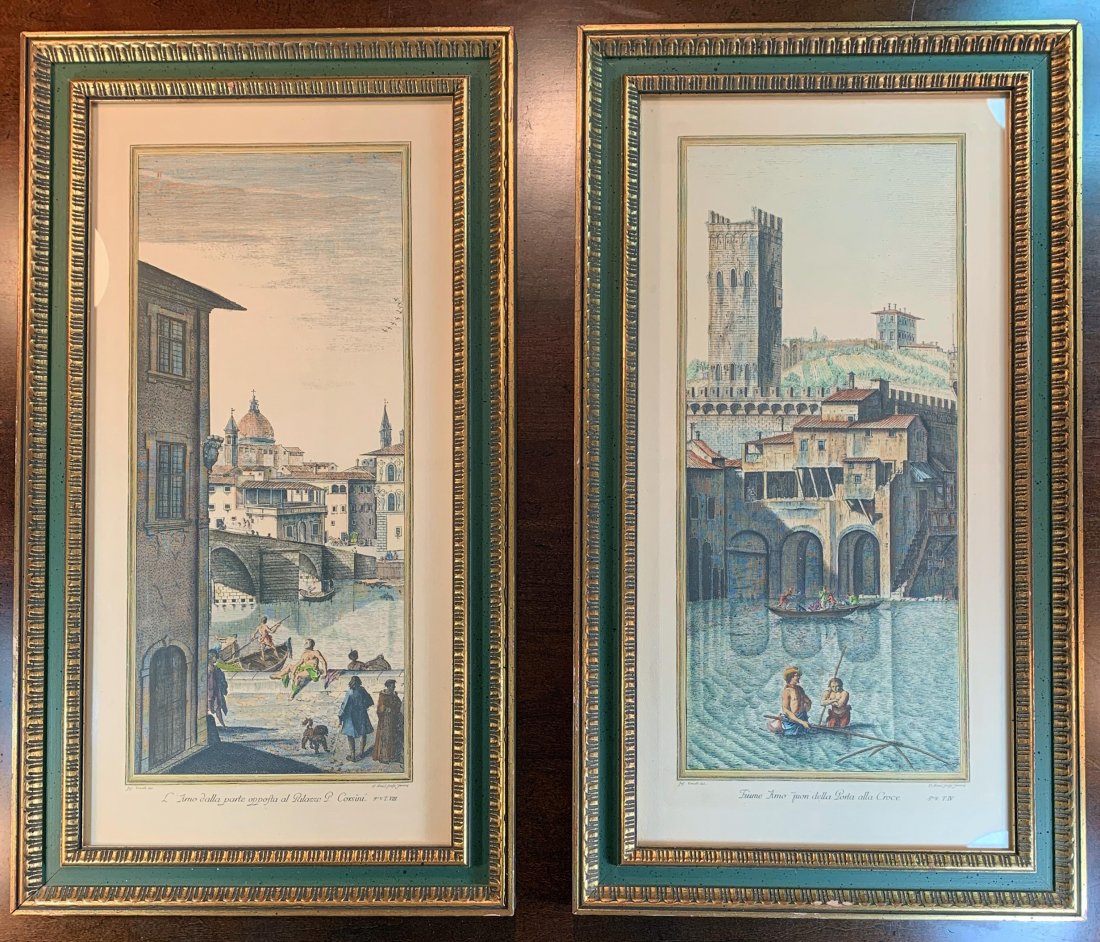 Pair of Giuseppe Zocchi 18th c. Copper Engraving: Pair of 18th Century Hand-colored Copper Engravings "Vedute di Firenze" (Views of Florence) after the drawings of Giuseppe Zocchi | This very attractive set was engraved by Pietro Antonio Pazzi (Itali