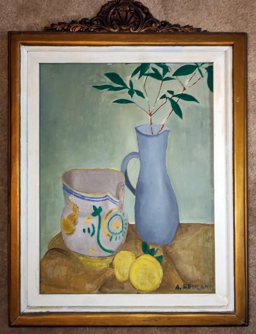 Dutch Still Life Oil Painting by Andries Reuland: Still Life Oil Painting by Dutch painter Andries Reuland | Oil on Canvas | Signed by the artist in the lower right of canvas "A. Reuland" | Vase, Pitcher and Lemons on Table | Housed in a custom handm