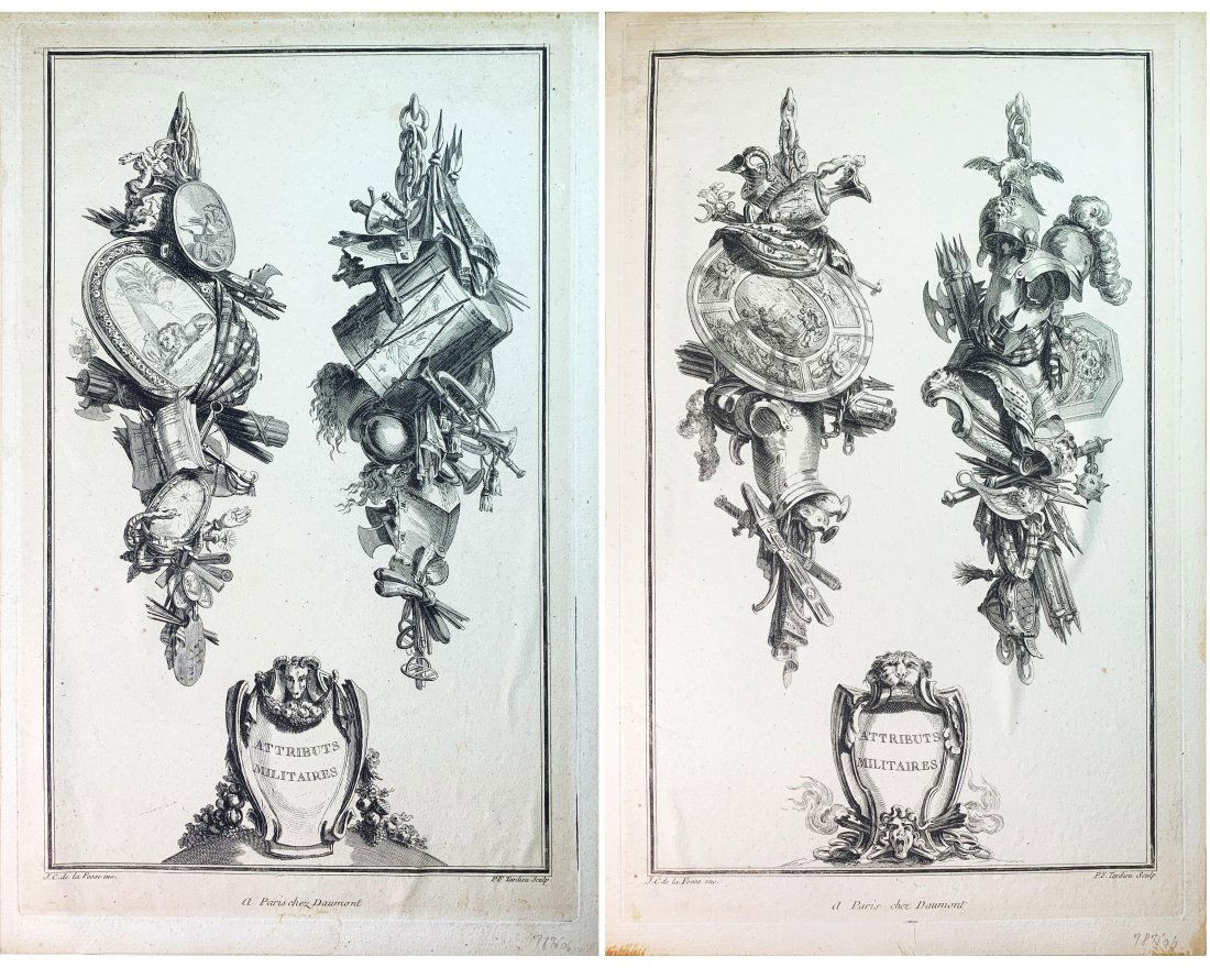 18th c. Copper Plate Engravings "ATTRIBUTS MILITAIRES": Pair of 18th Century copper plate engraving titled ATTRIBUTS MILITAIRES by Jean Charles De La Fosse (French, 1734-1789) and engraved by Pierre Francois Tardieu (1711 â€“ 1771) | Each features two