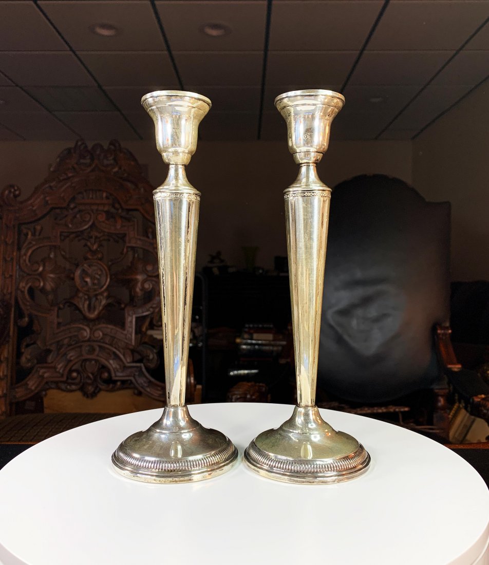 Vintage Pair of 10" Sterling Silver Weighted Candle: Vintage Pair of 10" Sterling Silver Weighted Candle Holders | Fluted candle sticks decorated with rope rings | Makers Mark under base "Columbia"; also marked "Sterling" and "Weighted" with etched numb