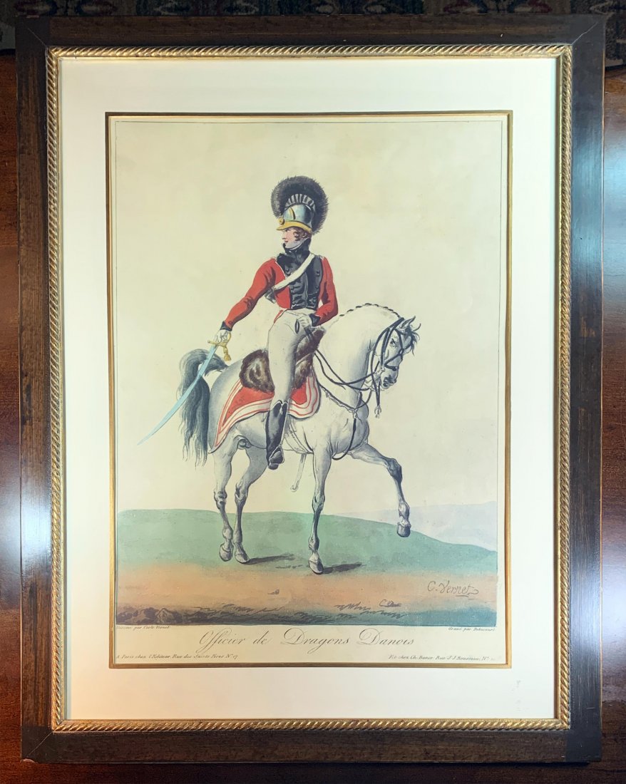 Large 19th c. French Aquatint of Military Officer: Large 19th Century French hand-colored aquatints by Philibert Louis Debucourt (1755-1832) after Carl Vernet (1758-1836) Entitled / Inscribed OFFICIER DE DRAGONS DANOIS | Depicts military officer on ho