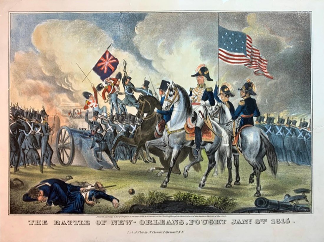 N Currier THE BATTLE OF NEW ORLEANS 1842 Andrew Jackson: Rare edition of Nathaniel Currier's lithographic print Entitled "The Battle of New- Orleans, Fought Jany. 8th." | Lith. and Pub. by N. Currier, NY, 1842 | Hand-colored print with bright bold colors | 