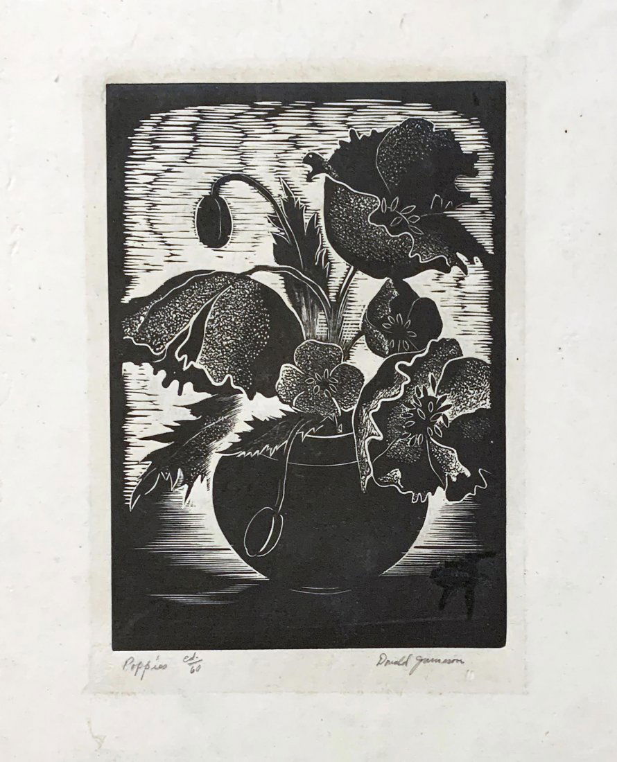 Vintage Donald Jameson Signed Ltd. Ed. Woodblock Print: Original Vintage Still Life Limited Edition Woodblock Print by American artist Donald Jameson Entitled POPPIES | Hand signed, Titled and Numbered by the artist in lower margin | Limited Edition of 60