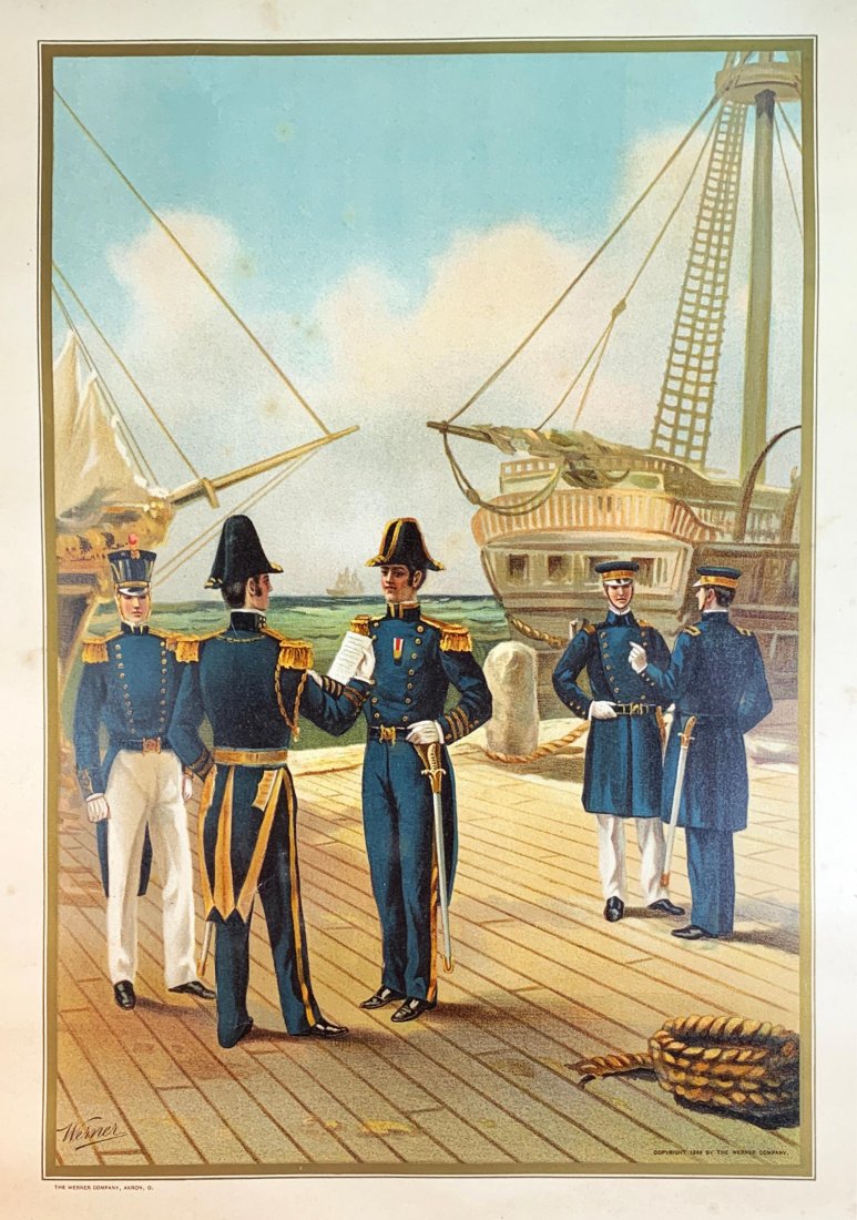 19th c. U.S. NAVY - COMMANDER IN CHIEF OF FLEET - 1776: Antique 19th c. Color Chromolithograph Entitled US NAVY - COMMANDER, CAPTAIN AND LIEUTENANT OF THE NAVY AND LIEUTENANT AND STAFF OFFICER OF MARINES - 1840 | Signed: "Werner" in the Plate lower left | 