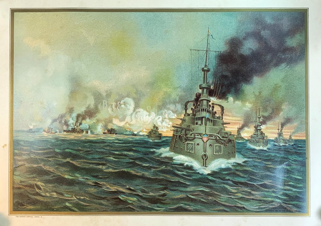 19th c. US NAVY - NAVAL BATTLE OF SANTIAGO-JULY 3, 1898: Antique 19th c. Color Chromolithograph Entitled US NAVY - NAVAL BATTLE OF SANTIAGO - JULY 3RD, 1898 | Signed: "Werner" in the Plate lower left | Dated: 1899 | Publisher: The Werner Company | Origin: A
