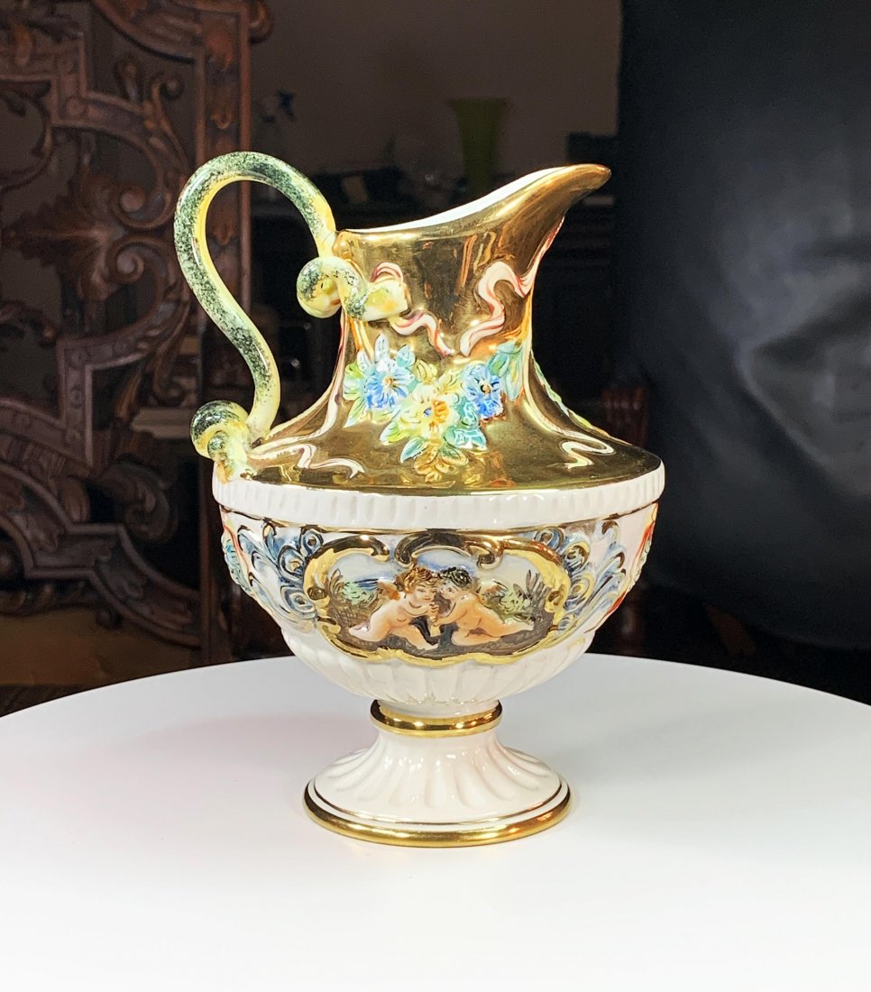 Ltd. Ed. Italian Capodimonte Porcelain Cream Pitcher: Limited Edition Italian Capodimonte Hand Painted Porcelain Cream Pitcher | Signed and numbered R. Capodimonte 1535/390 Italy | Hand Painted Gold Gilt Porcelain Tableware | Approx. Size: 6" H | Capodim