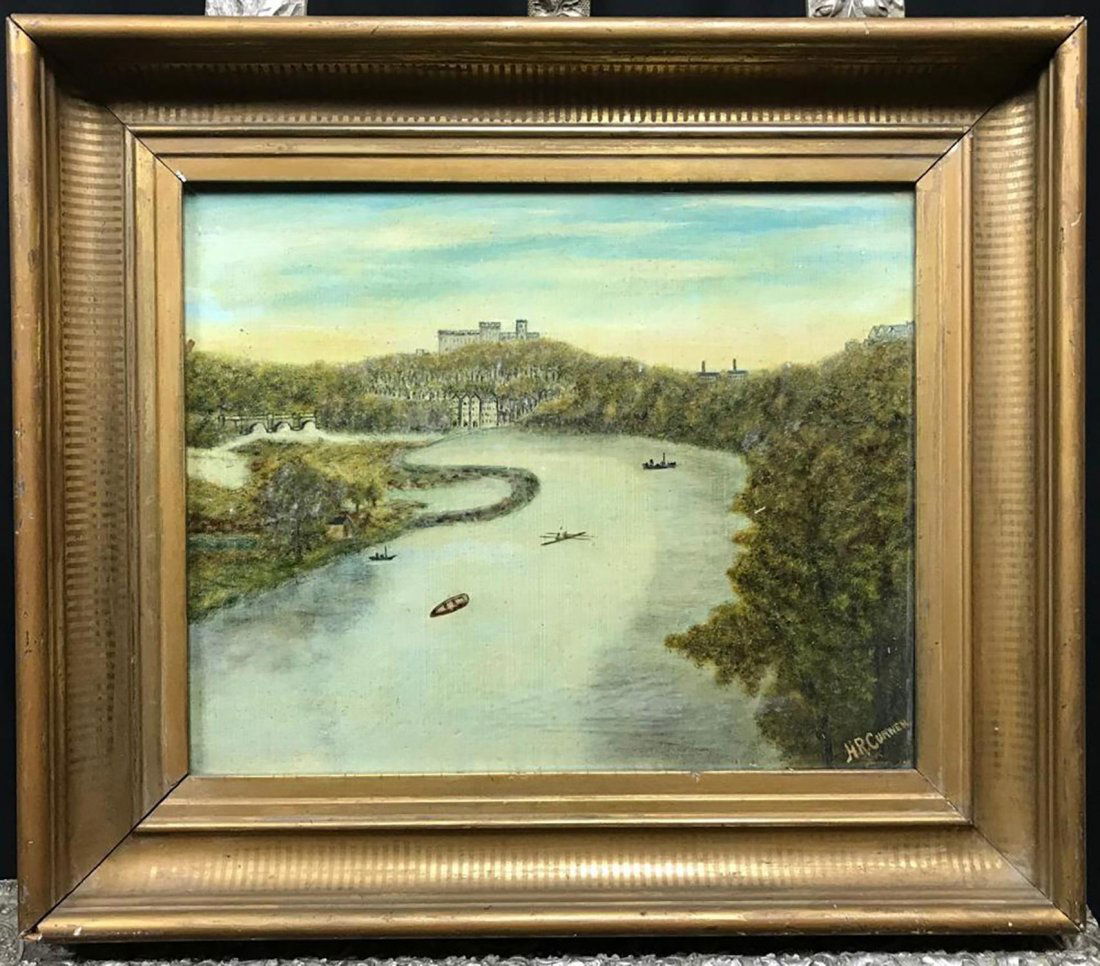 19th c. English Landscape Oil Painting by H. R. Curwen: 19th Century English Landscape oil painting by listed English artist H. R. Curwen | Oil on wood panel | Depicts an English river scene with some figures boating | Signed by the artist in the lower rig
