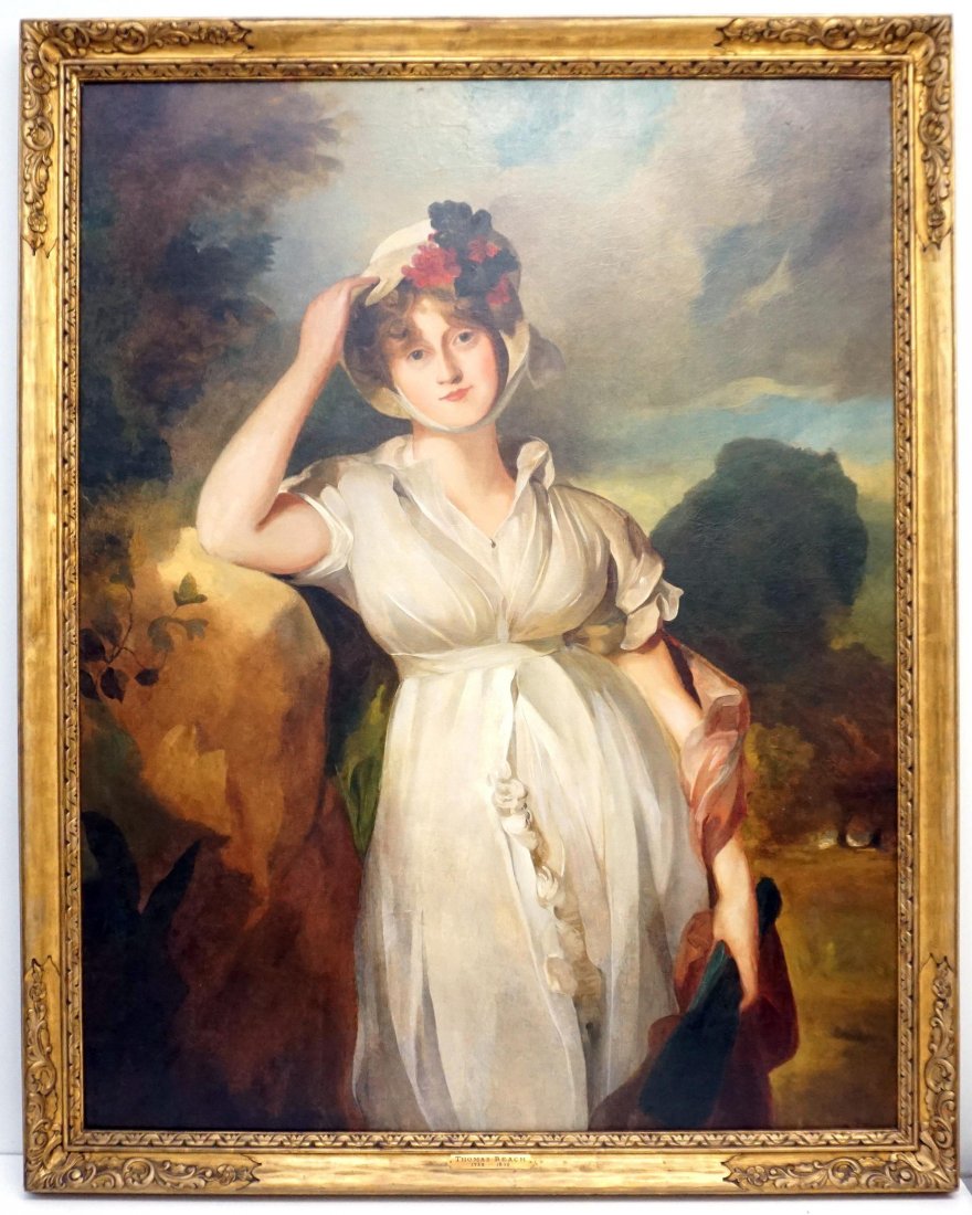 18th c. Portrait Oil Painting by Thomas Beach (attr): Large 18th Century Portrait Oil Painting attributed to Thomas Beach (1738-1806) | Oil on Professionally Relined Canvas | Depicts a young lady in a bonnet | Housed in a gold gilt gesso wood frame featu