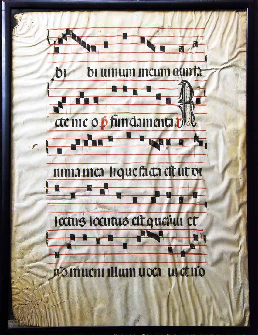 14th c. 2-sided Page of Gregorian Antiphon on Vellum: Large 14th Century 2-Sided page of Gregorian Antiphonal Sheet Music on Vellum | Double Sided Page / Leaf of Vellum | Includes very fine middle age writing and decoration | Contains very old museum acc