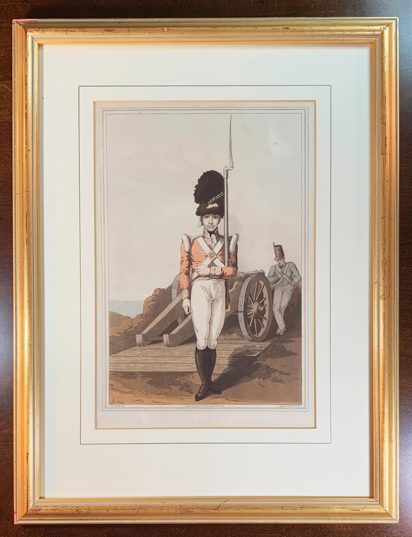 1814 Hand Colored GRENADIER OF 1ST WEST YORK MILITIA: Rare Original Hand Colored Lithograph Entitled GRENADIER OF THE FIRST WEST YORK MILITIA by George Walker (1781-1856) | Engraved by Robert Havell the Elder (engraver and publisher, 1769â€“1832) |