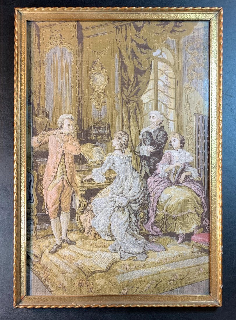 Antique Framed Handmade French Figural Silk Tapestry: Antique Framed Handmade French Figural Silk Tapestry | Depicting several figures in 18th Century dress playing music (piano and flute) in a parlor | Housed in a gold gilt wood frame | Approx. Dimensio