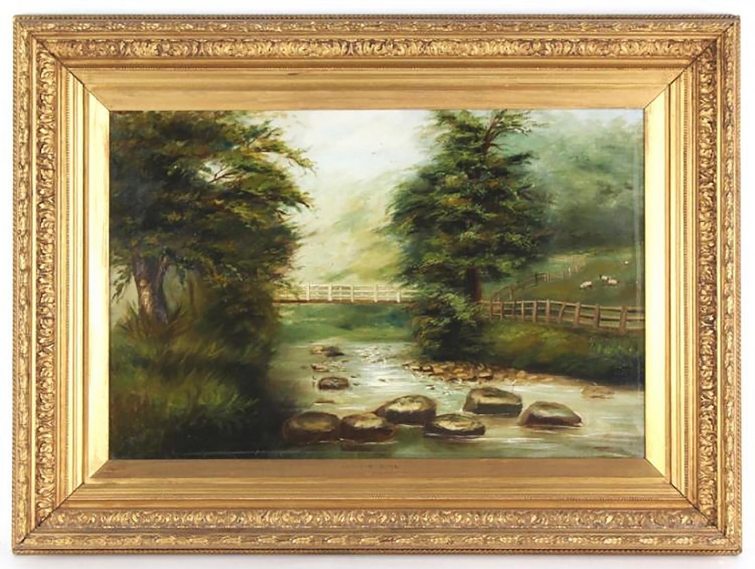 English Landscape Oil Painting by Thomas Watson Gill: Antique original landscape oil painting by listed British Artist Thomas Watson Gill (1854-1934 England) | Oil on Canvas | Signed by the artist in the lower left corner of the canvas - "T. Gill" | Depi