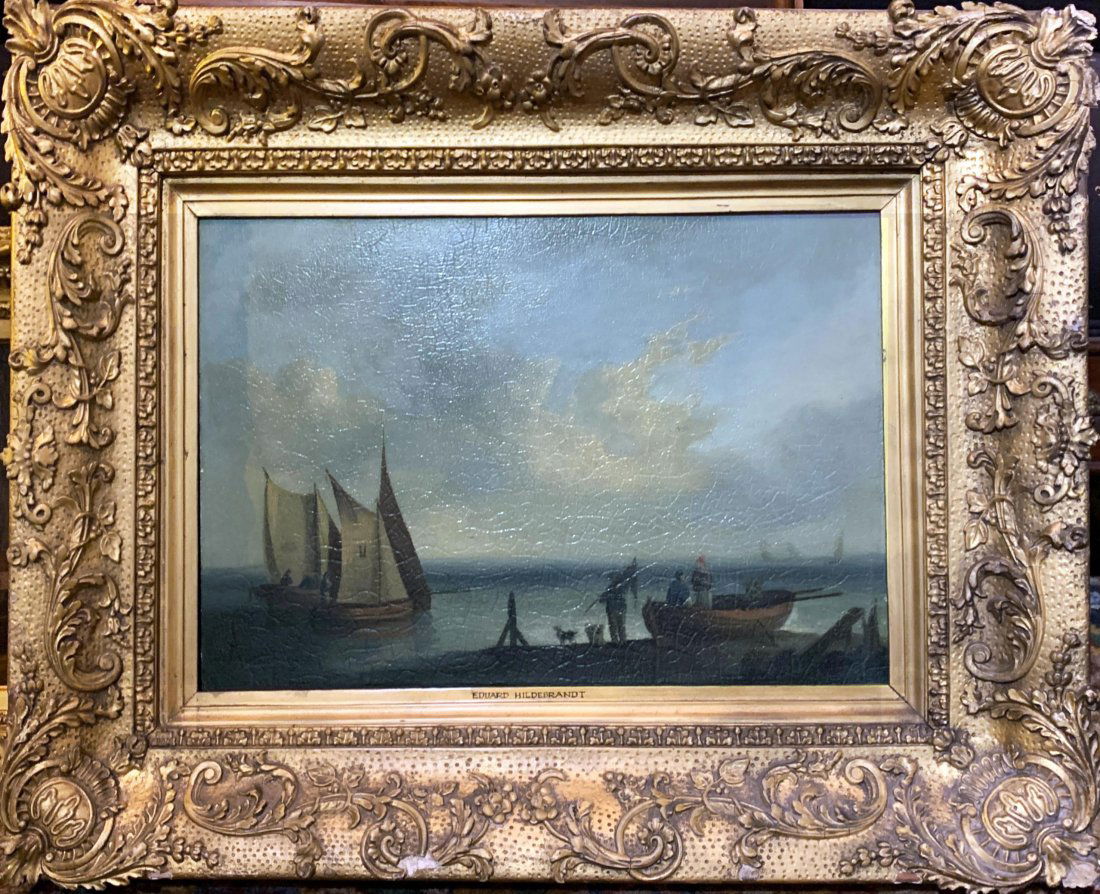19th C. Marine Oil Painting After Eduard Hildebrandt: 19th Century Marine Coastal Landscape Oil Painting After the famed German artist Eduard Hildebrandt (1817-1869) | Oil on Canvas | Depicts several ships near the ocean's coast/shoreline with figures/fi