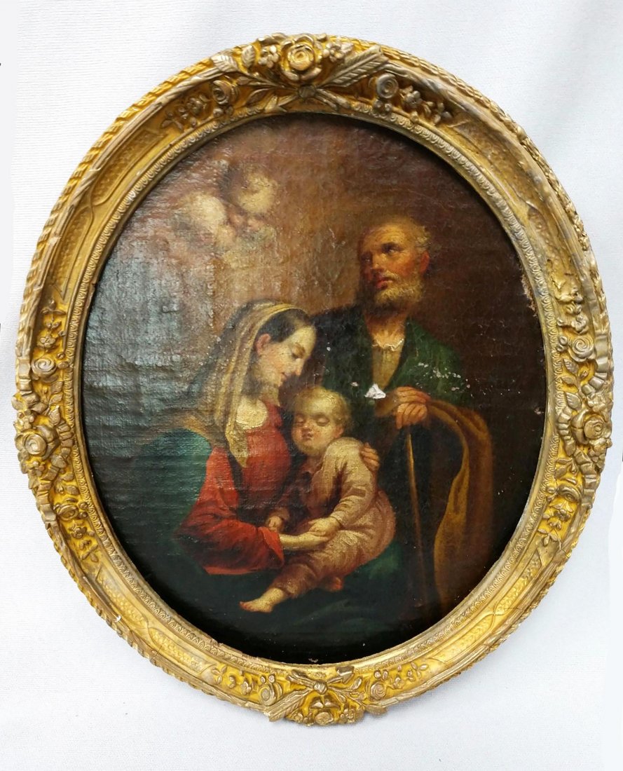 The Holy Family, Italian School, 17th c. Baroque Oil: 17th c. Italian Baroque Oil Painting of Holy Family | Oil on Canvas laid on wood | Depicts Mary and Joseph with baby Jesus | Housed in an ornate gold gilt gesso wood frame | 11.5"H x 9.75"W