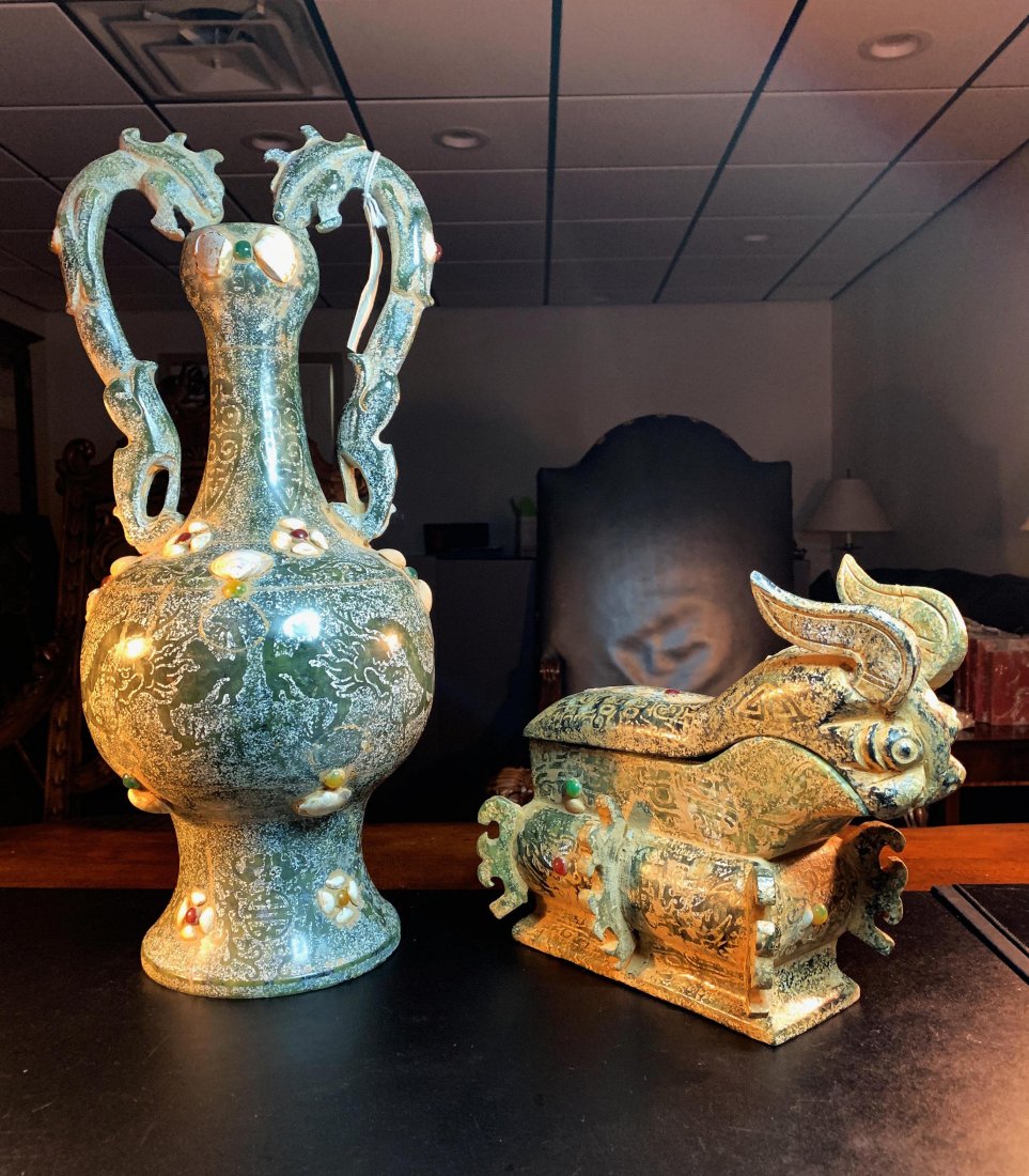 Hand Carved Etched Chinese Marble Stone Vase&Container: Large Signed Antique Inlaid Hand Carved & Etched Chinese Amphora Marble Stone Vase & Lidded Container | Vase has two carved dragon handles | Each piece is similarly decorated with fighting dragons and