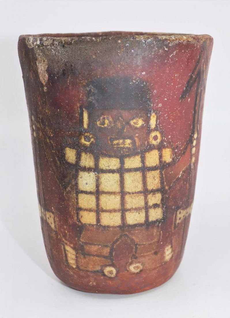 Pre-Columbian Poly-Chrome Kero Cup, Huari Warrior (1 of 3)