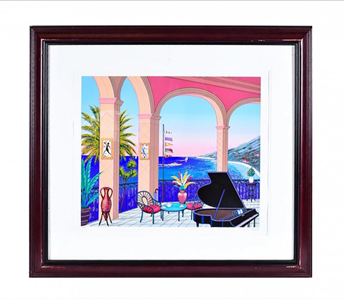 Ltd Ed. Signed Fanch Ledan Serigraph TERRASSE AU PIANOA: Signed Limited Edition Serigraph by listed popular French artist Fanch (Francois) Ledan (France, b. 1949) Entitled TERRASSE AU PIANOA | Serigraph on wove paper | titled Terrasse au Piano by listed art