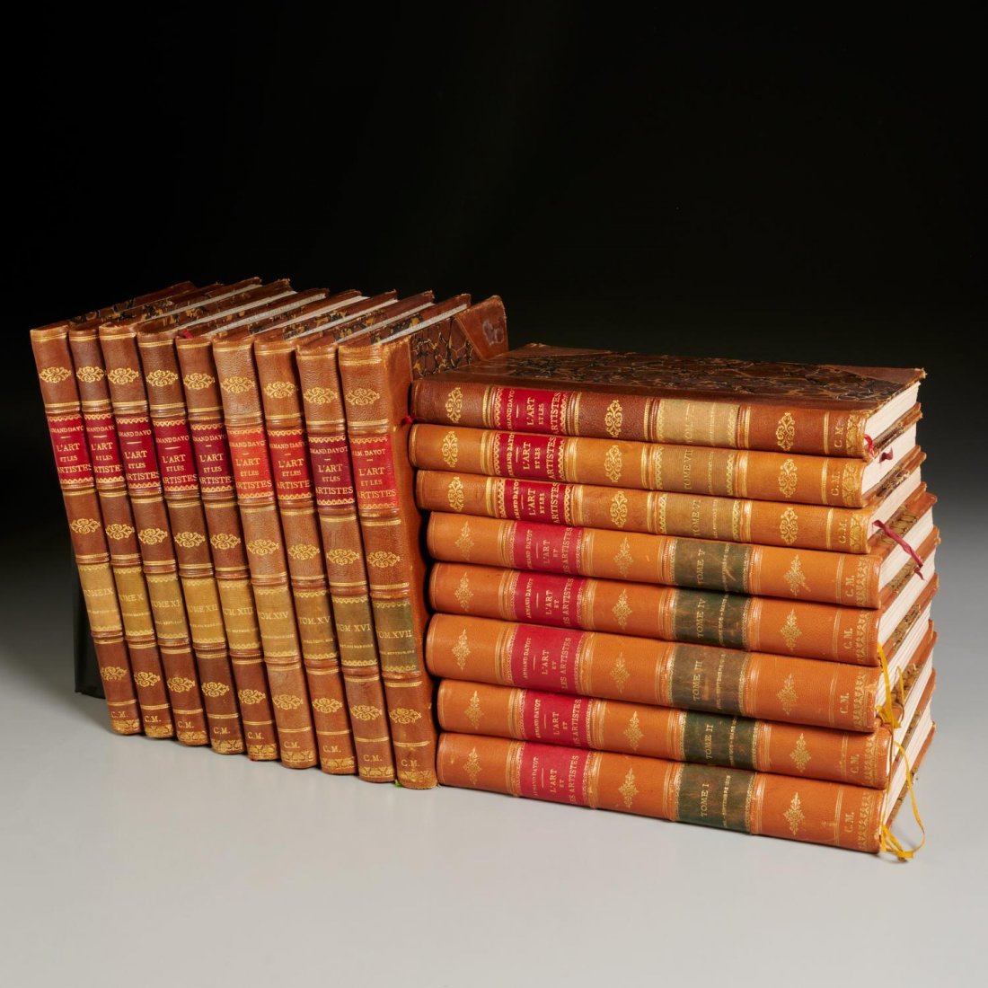 Antique Book Set L: Antique Set of L'ART ET LES ARTISTES by Armand Dayot (France, 1851 â€“ 1934) | Tomes I-XVII (1905-1913), Published Paris, France | 3/4 bound in fine leather with marbled boards; spine ornately de